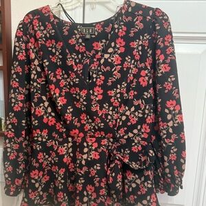 Lily Floral Tie-Waist Blouse - Black with Red and Tan Floral Print size Large